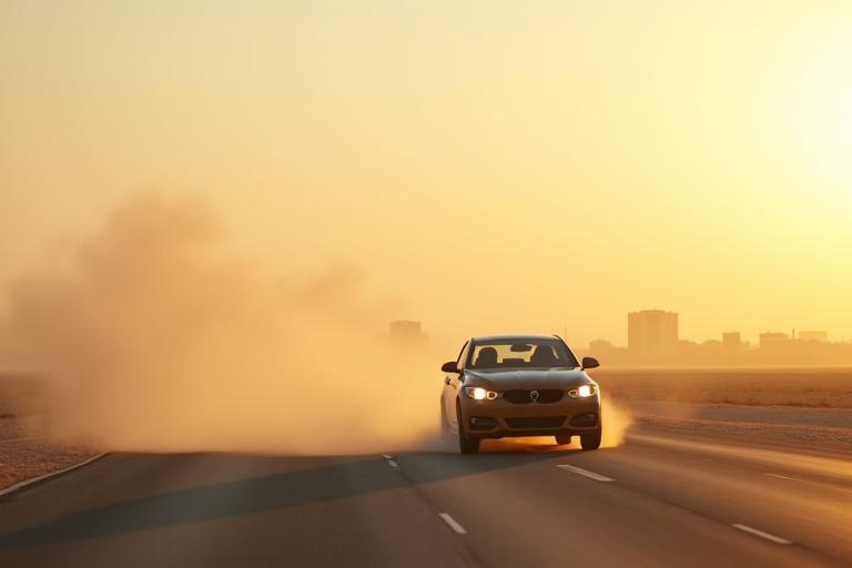 Car driving on a road with a hazy, dusty Qatari backdrop