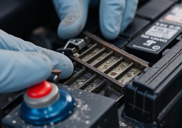 Technician checking the terminals of a car battery